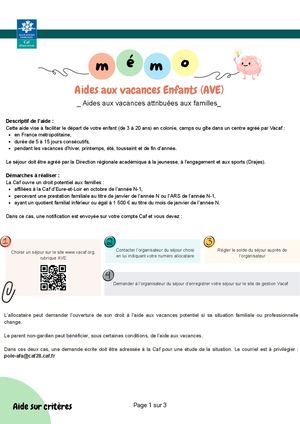 Fiche  Aides Aux Vacances Enfants