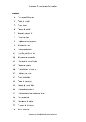 Ejercicios De Formulación Inorgánica
