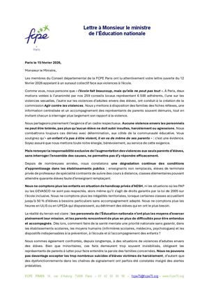 Fcpe Paris Lettre au Ministre de L'Education 15 Fev 26