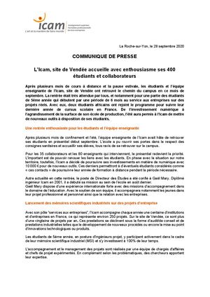 Communique Icam Rentree En Vendee