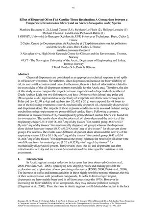 Effect Of Dispersed Oil On Fish Cardiac Tissue Respiration A Comparison Between A Temperate (Dicentrarchus Labrax) And An Arctic Boreogadus Saida Species