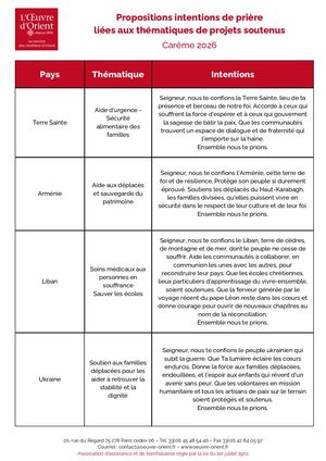 Intentions de prières pour le carême 2026