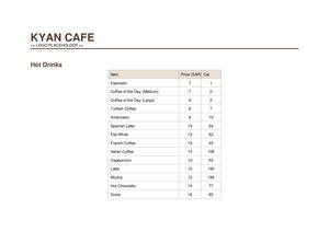 Kyan Menu prices and cal info