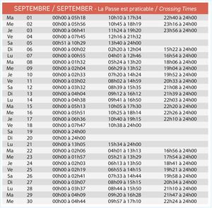 Horaires de passage île Madame - SEPTEMBRE 2026