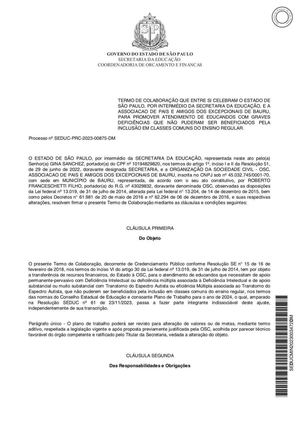 Termo de Colaboração nº 00.875/2023 - Secretaria da Educação do Estado de São Paulo - D.I. e Autismo