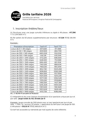 Tarifs inscriptions 2026