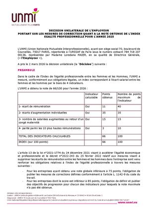 Mesures de correction de l'index égalité professionnelle UNMI 2026