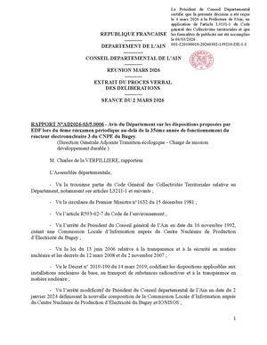 Avis Du Département Sur Les Dispositions Proposées Par EDF Lors Du 4ème Réexamen Périodique Au Delà De La 35ème Année De Fonctionnement Du Réacteur électronucléaire 3 Du CNPE Du Bugey