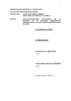 Conceptualización Metafórica De La Politica En El Discurso Periodístico Alrededor De Las Elecciones Presidenciales Del 2018