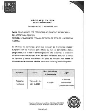 CIRCULAR SG No. 004 - LINEAMIENTOS ENTREGA DE TÍTULOS SECCIONAL PALMIRA