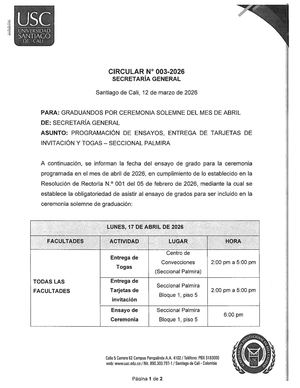 CIRCULAR SG No. 003 - PROGRAMACIÓN DE ENSAYOS GRADOS - SECCIONAL PALMIRA