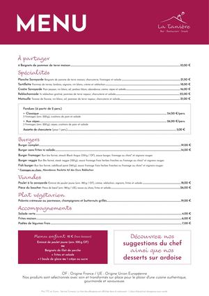 Menu - Restaurant La Tanière