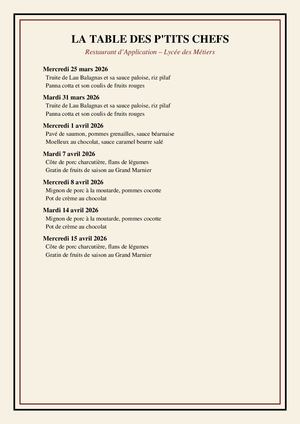 Menu du 25 mars au 15 avril 2026