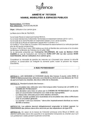 Arrete 757 2026 Utilisation D'un Camion Grue 4 Rue Peybouquey Les 30 Et 31 03 2026