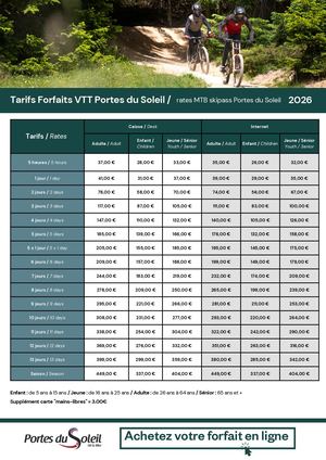 Tableau Prix Forfaits VTT Avoriaz Et PDS 2025