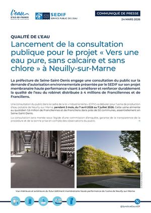 Communiqué de presse | Lancement de la consultation publique pour le projet « Vers une eau pure, sans calcaire et sans chlore » à Neuilly-sur-Marne