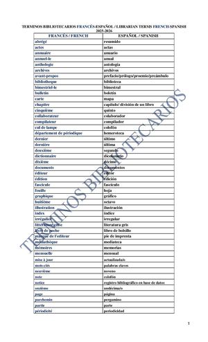 Términos Bibliotecarios Francés Español Francés