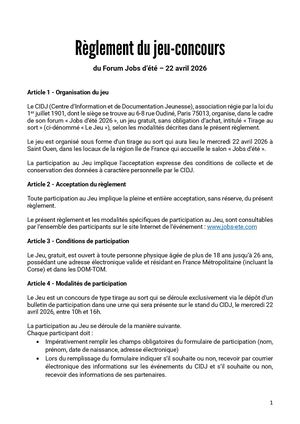 Règlement Jeu Concours Jobs d'été 2026 CIDJ