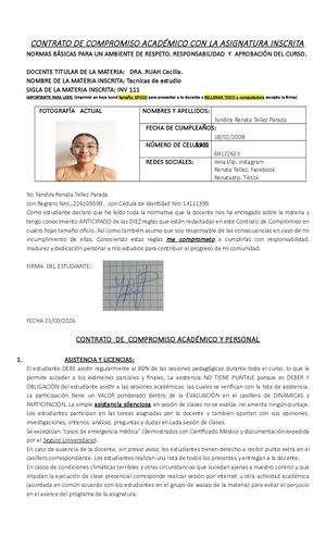 Contrato De Compromiso Uagrm Gestión 2025 Renata Tellez Parada