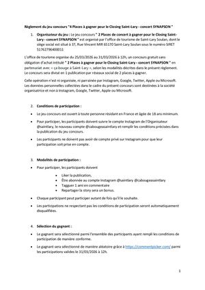 Closing SYNAPSON - Règlement Du Jeu Concours