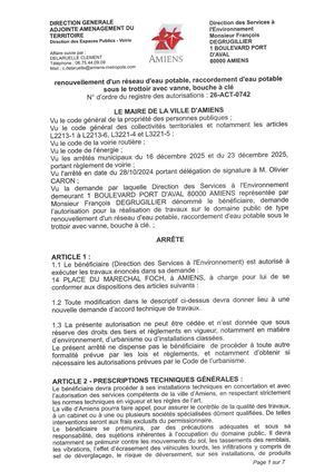 14 Rue Du Maréchal Foch à Amiens, 26-ACT-0742 Arrêté De Renouvellement D'un Réseau, Raccordement D'eau Potable Sous Le Trottoir, Sous La Chaussée Avec Vanne, Bouche à Clé, Publié le 26/03/2026