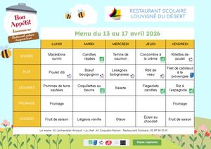 Menus Avril Juillet 2026  Restaurant scolaire