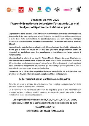 Appel Intersyndical 10 Avril 2026 Pour Le 1er Mai férié