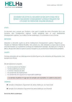 Attestation de non-dette HELHa