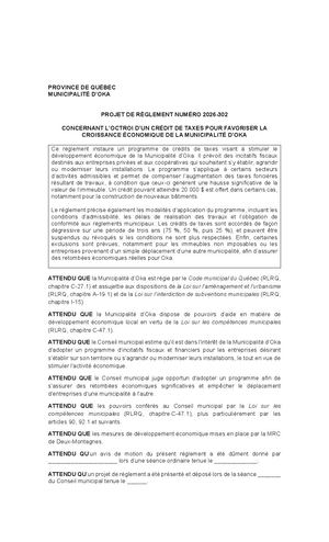 Projet Reglement 2026 302 - Octroi crédit de taxes