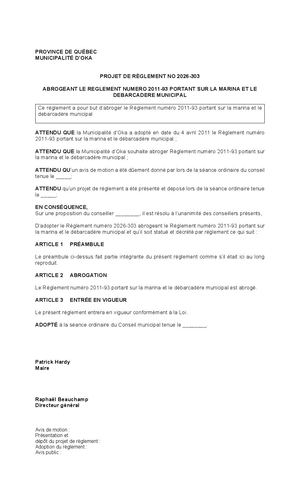 Projet de règlement 2026 303 Abrogation du Règlement 2011-93