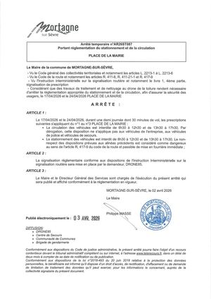 Ar26st087 AT portant réglementation du stationnement et de la circulation place de la mairie 170426 et 240426