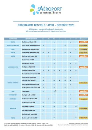 Aéroport La Rochelle Programme De Vols Janvier à Octobre 2026 V23 01 2026