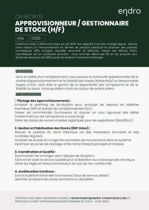 Approvisionneur/Gestionnaire de stock CDD