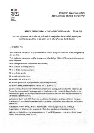 Arrêté Préfectoral du 30 mars 2026 - règlement de police de la navigation au lac Saint-Cassien