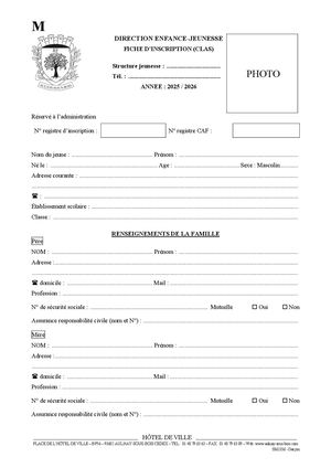 Fiche d'inscription garçon 2026