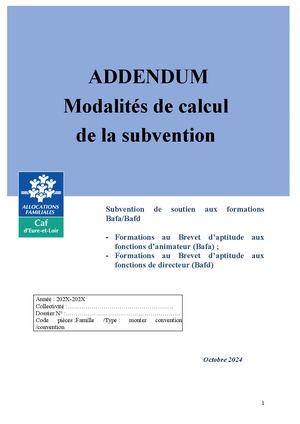 Addendum Subvention Bafa Bafd Octobre 2024