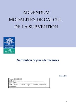 Addendum Subvention Séjours De  Vacances  Octobre 2024