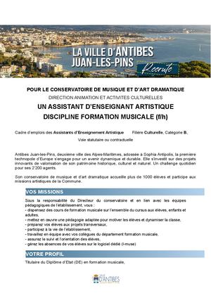 Annonce assistant d’enseignement artistique discipline formation musicale