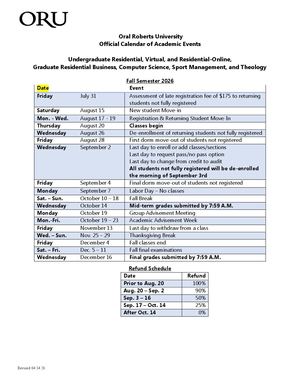 Fall 2026 - Spring 2027 Residential & Virtual Academic Calendar & Refund Schedule