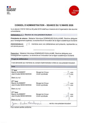 délibérations du CA du 12 mars 2026