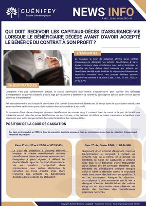 NEWSINFO : QUI DOIT RECEVOIR LES CAPITAUX-DECES D'ASSURANCE-VIE LORSQUE LE BENEFICIAIRE DECEDE AVANT D'AVOIR ACCEPTE LE BENEFICE DU CONTRAT A SON PROFIT ?