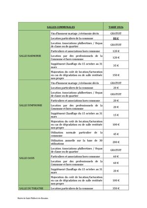 Salles Communales Tarif 2026