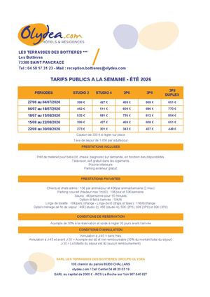 Tarifs - Olydea Les Bottières 2026/2027