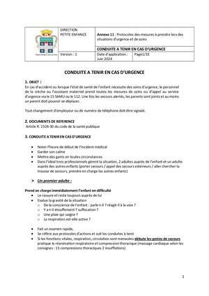 Annexe 11 Protocoles Des Mesures à Prendre Lors Des Situations D’urgence Et De Soins