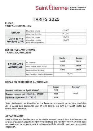 Tarifs 2025 Ehpad Résidences autonomies