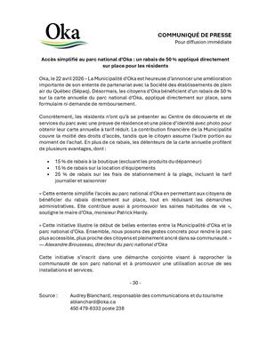 Communiqué - Entente Municipalité d'Oka et parc national d'Oka