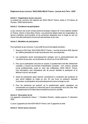 Reglement Quiz ASSA ABLOY France Journée De La Terre 2026