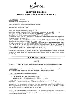 Arrete 1133-2026-Abandon Et Ventilation Des Bouts De Reseaux Rue Lejoly Prorogation Jusqu'au 30-04-2026-Publié Le 24 04 2026