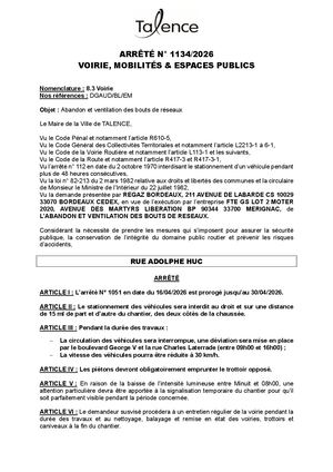 Arrete 1134-2026-Abandon Et Ventilation Des Bouts De Reseaux Rue Adolphe Huc Prorogation Jusqu'au 30-04-2026-Publié Le 24 04 2026