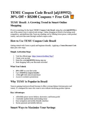 TEMU Coupon Code Brazil [alj189952]: 30% Off + R$300 Coupons + Free Gift